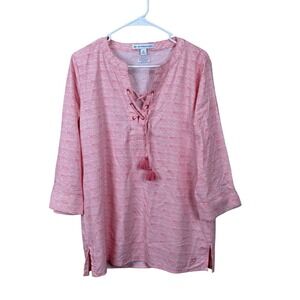 Southern Tide WOMENS M Popover Blouse Intercoastal Coral White Stripe Nylon Top